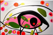 a painting of modern art of a red eye due to spring pollen